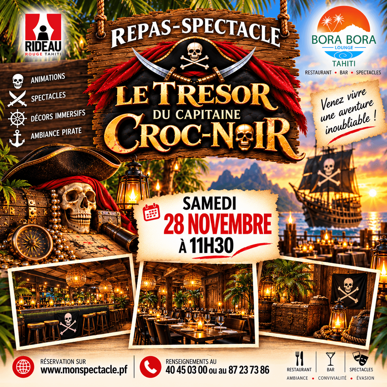 Repas, spectacle – Le Trésor du Capitaine Croc-Noir